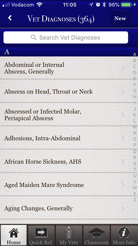 The brilliant Horse Side Vet Guide mobile app - Vet Diagnoses List [Screenshot]