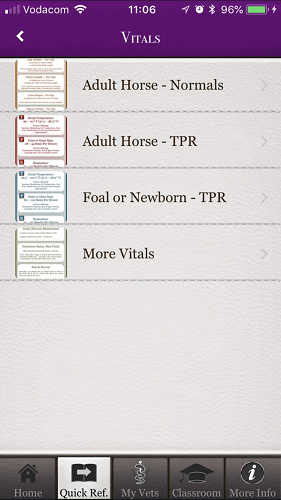 The brilliant Horse Side Vet Guide mobile app - Vital Sheets [Screenshot]