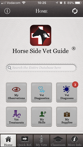 The brilliant Horse Side Vet Guide mobile app - Home Page of App [Screenshot]