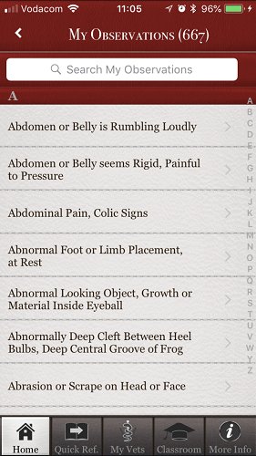 The brilliant Horse Side Vet Guide mobile app - Your potential Observations List [Screenshot]